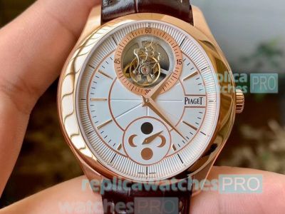 Replica Piaget Black Tie Tourbillon Watch Rose Gold Case Leather Strap